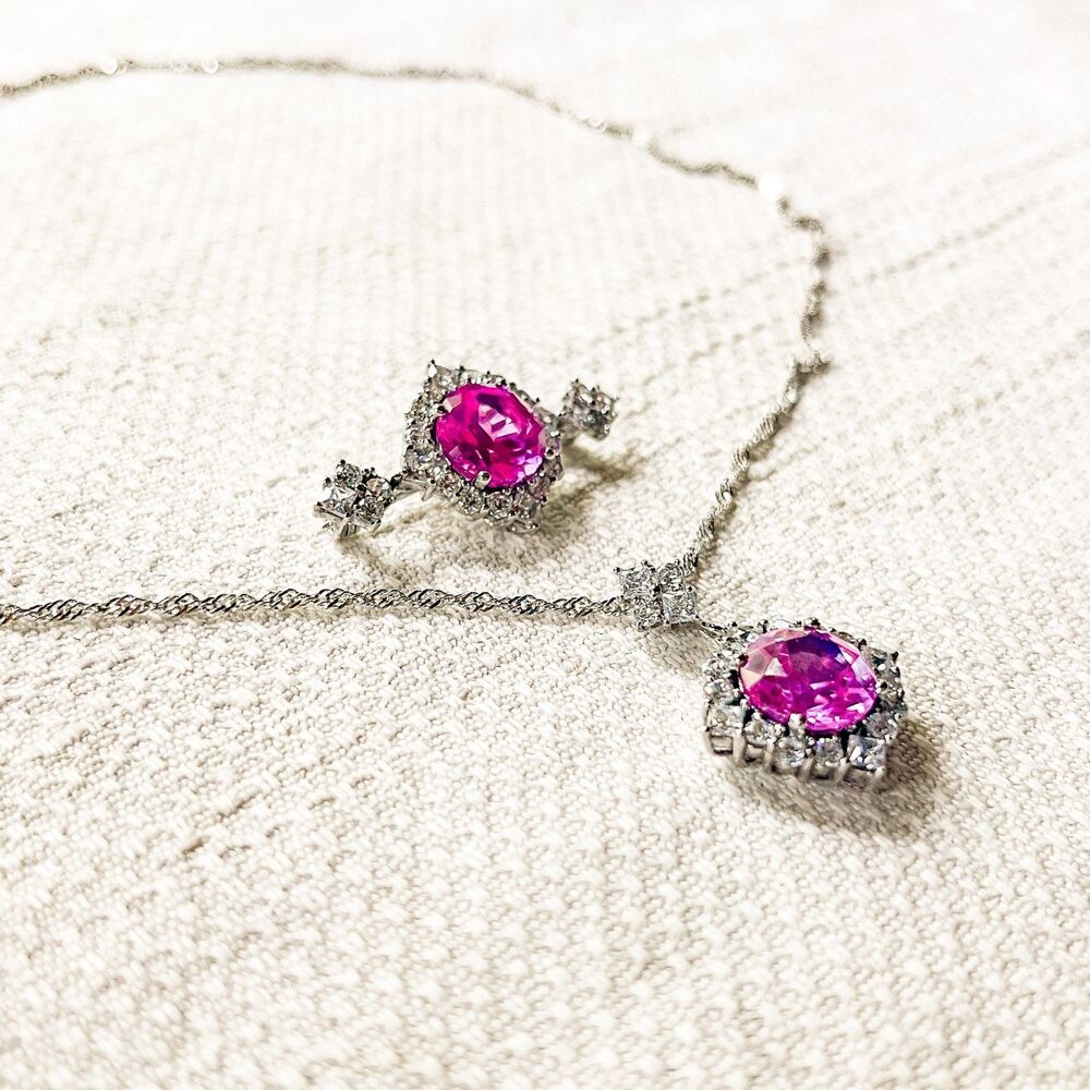 Sterling Silver Necklace & Brooch Set - CZ & Lab Created Pink Sapphire